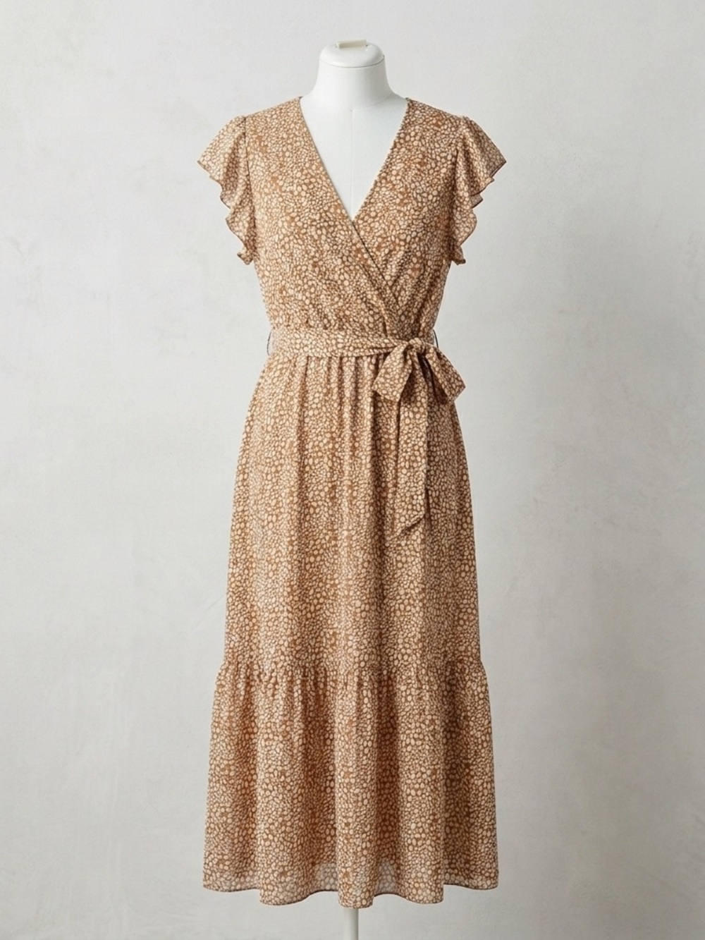 Tan Animal Print Ruffle Sleeve Maxi Dress Large